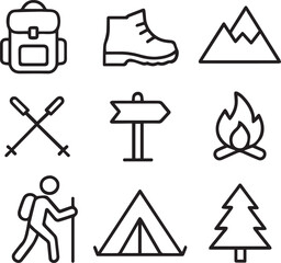 Minimalist Hiking and Camping Icon Set &ndash; Vector Line Outdoor Adventure Symbols