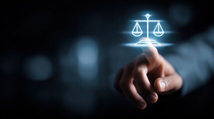 Hand interacting with a digital scale of justice