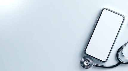 Smartphone with blank screen and stethoscope, lying on a white surface