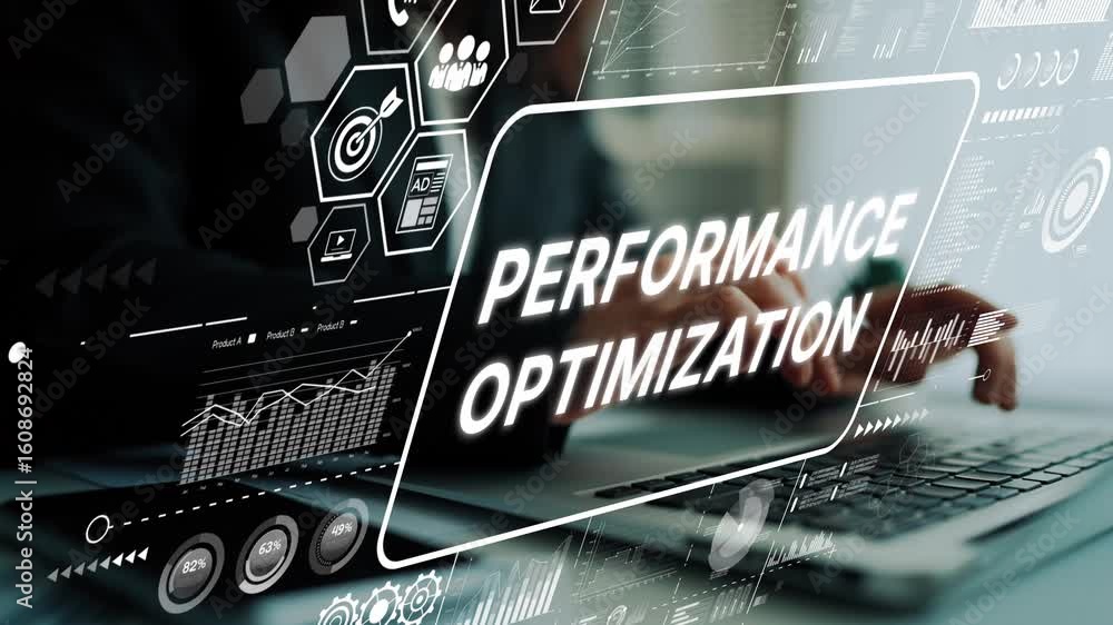 Poster digital performance optimization concept with data visualization and business analytics on laptop sc