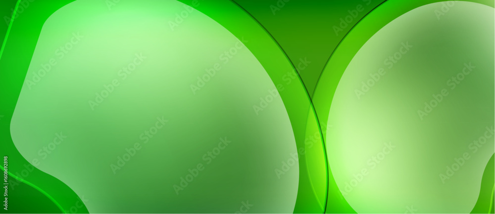 Poster abstract green background. smooth shapes overlap, creating dynamic visual effect. light gradients su
