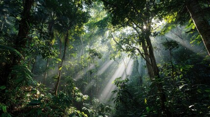 A dense tropical rainforest with mist and sun rays beaming through lush green canopy, humid atmosphere