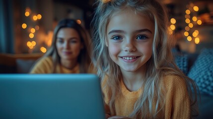 A girl smiles at a laptop while an adult woman sits nearby, creating a cozy atmosphere.