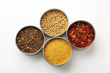Indian Spice Blends in Clay Bowls on White Background