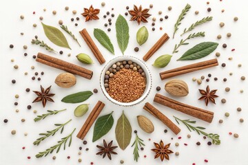 Garam Masala Raw Ingredients Arranged in Starburst on White