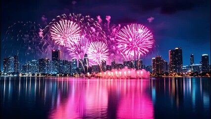 Pink and purple fireworks reflecting on calm water in festive night scene. - Powered by Adobe