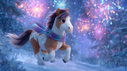 Joyful 3D Horse Galloping Through Snowy Forest