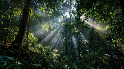 A dense tropical rainforest with mist and sun rays beaming through lush green canopy, humid atmosphere