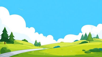 Cartoonish landscape blue sky, green hills, road, trees, white clouds
