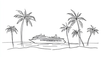 A sketch of a cruise ship at anchor in a tropical bay, flanked by palm trees on a tranquil beach