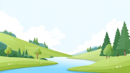 Cartoon scenic illustration of a landscape with green hills, trees, and a winding river