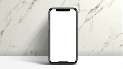 Cellphone display with blank screen on a marble surface in a minimalist, soft-lit style