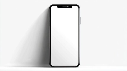 Smartphone with a blank white screen on a white surface casting a shadow