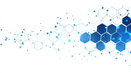 Abstract blue and white hexagon molecular structure network graphic on a white background