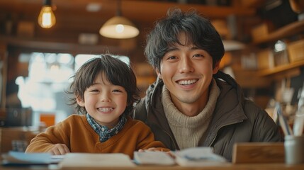 A joyful man and child smiling together in a cozy caf? setting.
