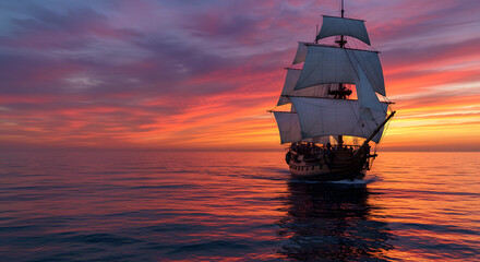 A majestic sailing ship navigates the open sea at sunset, its sails catching the last light of the day against a vibrant, colorful sky.