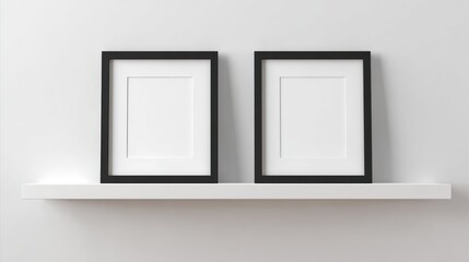 Two black framed empty artworks aligned side-by-side atop a bright white floating shelf