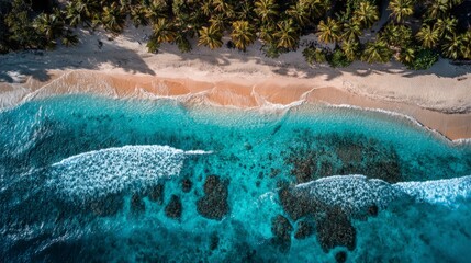 Drone aerial photograph of a tropical beach with white sand and turquoise water, gentle waves and coral reefs visible, palm trees along the shore