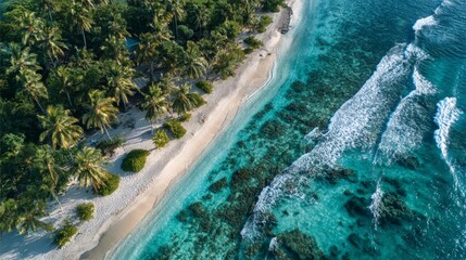 Drone aerial photograph of a tropical beach with white sand and turquoise water, gentle waves and coral reefs visible, palm trees along the shore