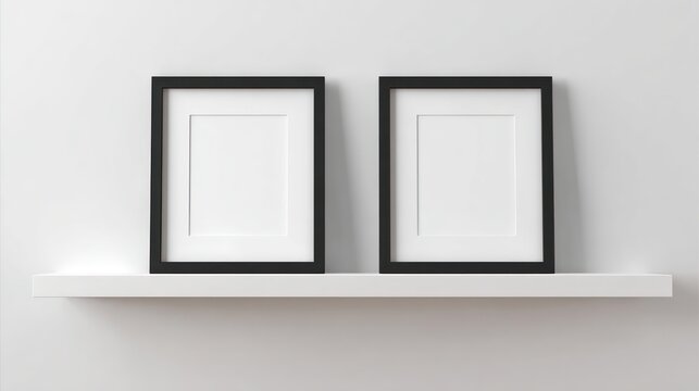 Two black framed empty artworks aligned side-by-side atop a bright white floating shelf