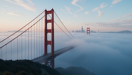 Fototapeta premium Fog enveloping a towering suspension bridge with a distant city skyline at dawn under light clouds