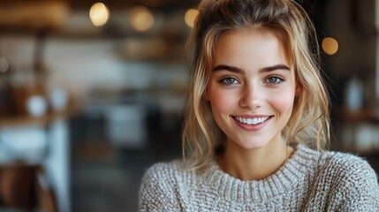A smiling young woman in a cozy sweater, enjoying a moment in a warm caf? setting.