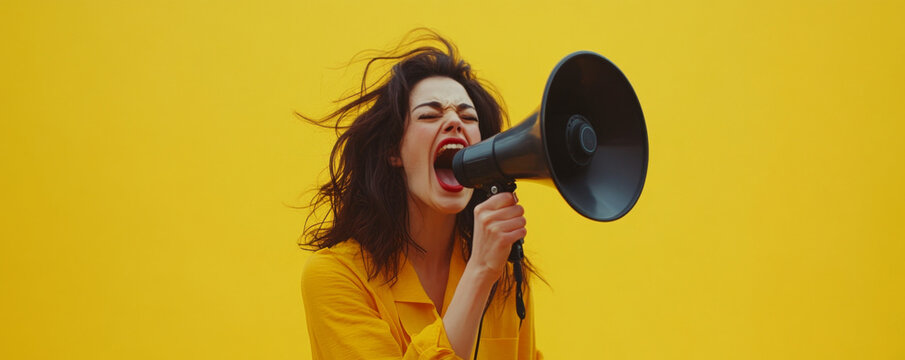 Excited woman yelling into megaphone against yellow wall