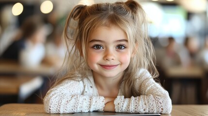 A young girl smiles warmly at the camera, sitting at a table in a lively setting.