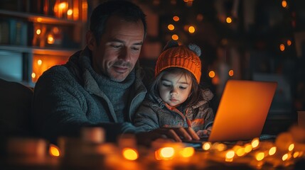 A father and child engaged with a laptop amidst warm, festive lighting.