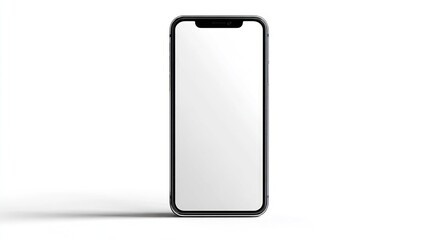 A sleek smartphone with a blank white screen, standing upright against a clean white background, casting a subtle shadow