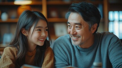 A warm interaction between a girl and an older man, sharing smiles in a cozy setting.