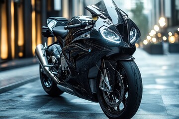 A sleek black motorcycle parked on a modern urban street, showcasing its design and features.