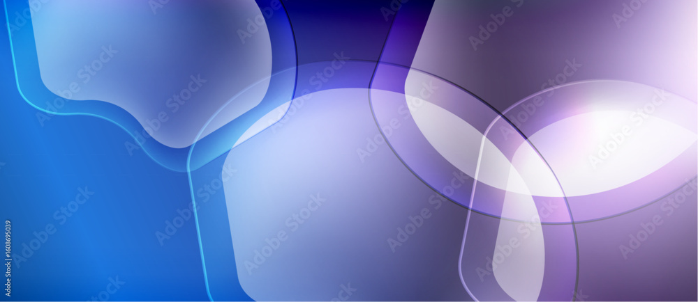 Poster abstract background features overlapping translucent shapes. blue, purple hues create soft, flowing 