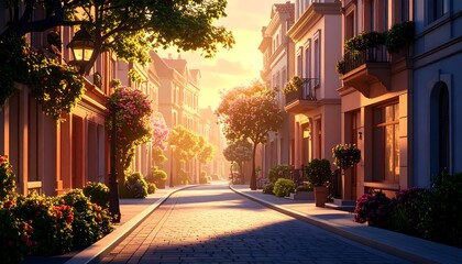 Sunrise over a charming European street lined with colorful buildings and lush greenery