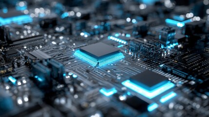Fototapeta premium A futuristic circuit board pattern with glowing blue circuits and microchips