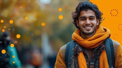 A young man smiles warmly, dressed in a cozy scarf, amidst a blurred outdoor background.