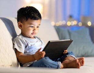 Child engrossed in tablet at night