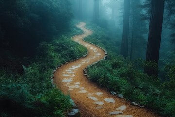A winding path through a misty forest, inviting exploration and tranquility.