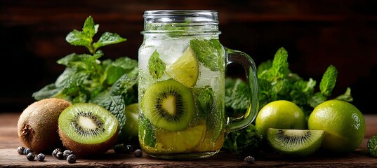Icy kiwi mint drink in a mason jar with herbs, fruits, and summer vibes