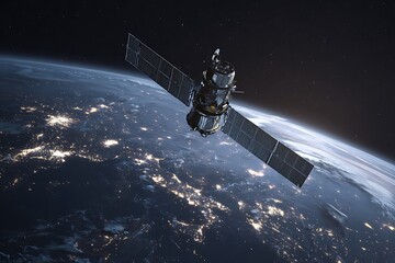 **A Highly Realistic, Cinematic Rendering Of A Communications Satellite Orbiting Earth At Night, Showcasing Vibrant City Lights Below, Crystal-Clear Cloud Formations, And The Curve Of The Atmosphere. 