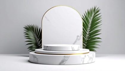 White marble podium with gold accents, flanked by palm fronds against a white backdrop