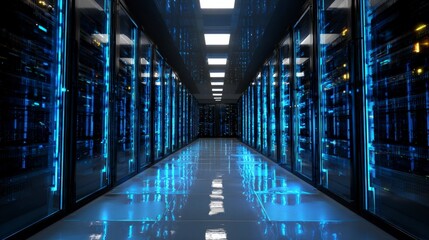 Inside a server room with rows of illuminated server racks