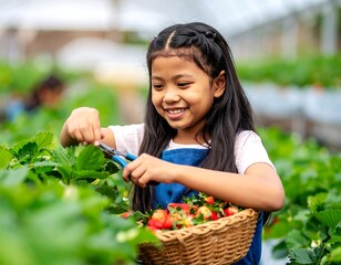 Child harvests strawberries