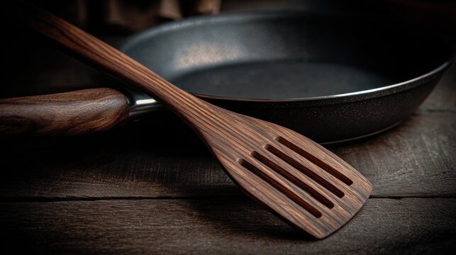 Wooden Spatula and Frying Pan on Rustic Table