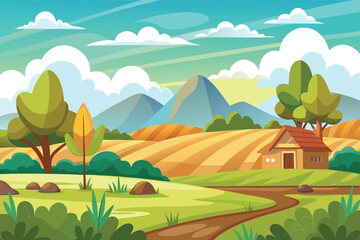 Fototapeta premium Vibrant countryside landscape with farmhouse and fields