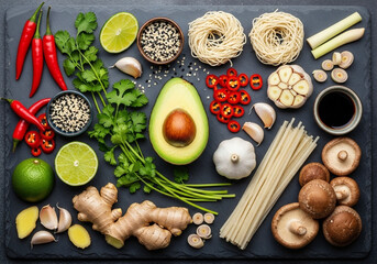 Fresh ingredients for Asian cuisine with raw tuna and vegetables.