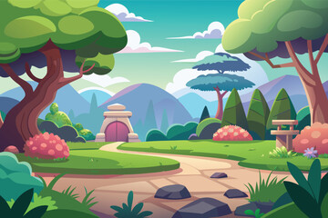 Naklejka premium Enchanting japanese garden path with pagoda and lush foliage