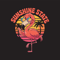 Two flamingos in front of a sunset with “Sunshine State” text in retro summer theme. Vector illustration design.