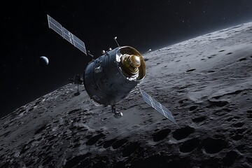 **A Hyper-Realistic 3D Render Of A Deep-Space Satellite Orbiting The Moon, With The Satellite Clearly In Focus And Equipped With High-Gain Antennas And Solar Panels Reflecting Moonlight. The Moon’S Cr