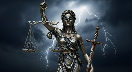 Fototapeta premium Justice statue with broken scales and sword symbolizing corruption and legal system failure